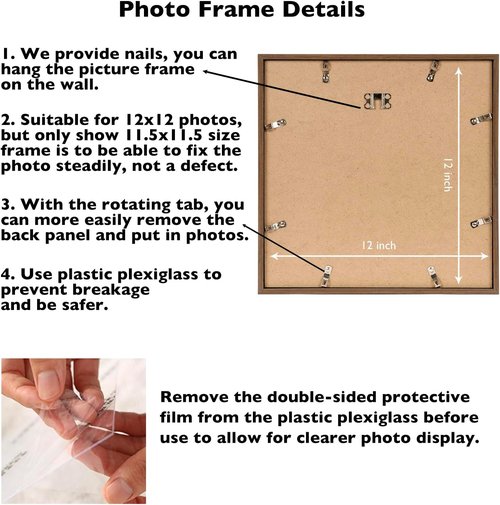 JCJMY 12x12 Inch Picture Frame - Versatile Horizontal & Vertical Wall Hanging | Shatter-Resistant Plexiglass, Brown