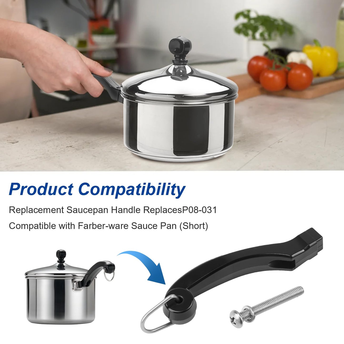 P08-031 Saucepan Handle Replacement (Short) Fits for Farberware 1, 1.5, 2 and 2.5 quart Pan, Pots and Cookware | Durable Pot Replacement parts | Saucepan Handles for Kitchen Cooking with Screw