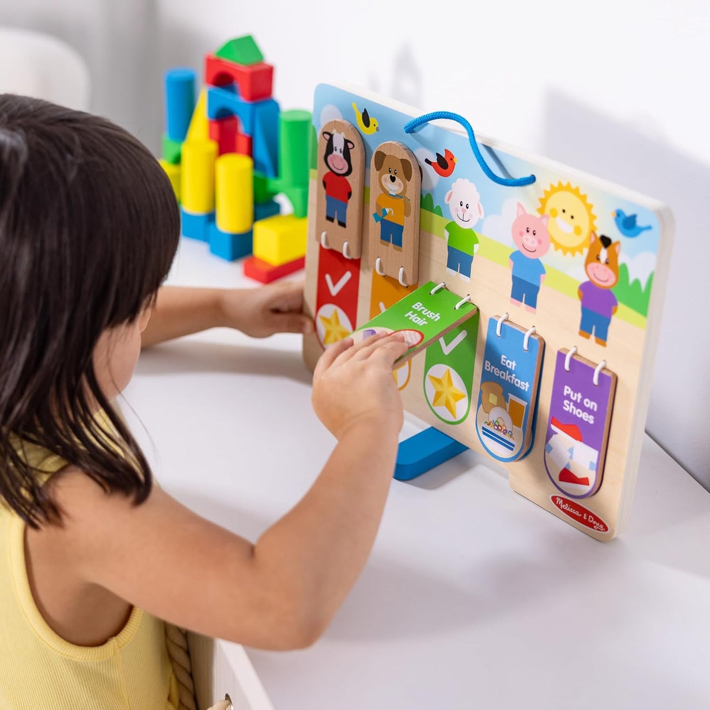 Melissa & Doug My Daily Routines Chart - Wooden Habit Tracker with Multi-Lingual Stickers | Screen-Free Preschool Toy for Ages 3+