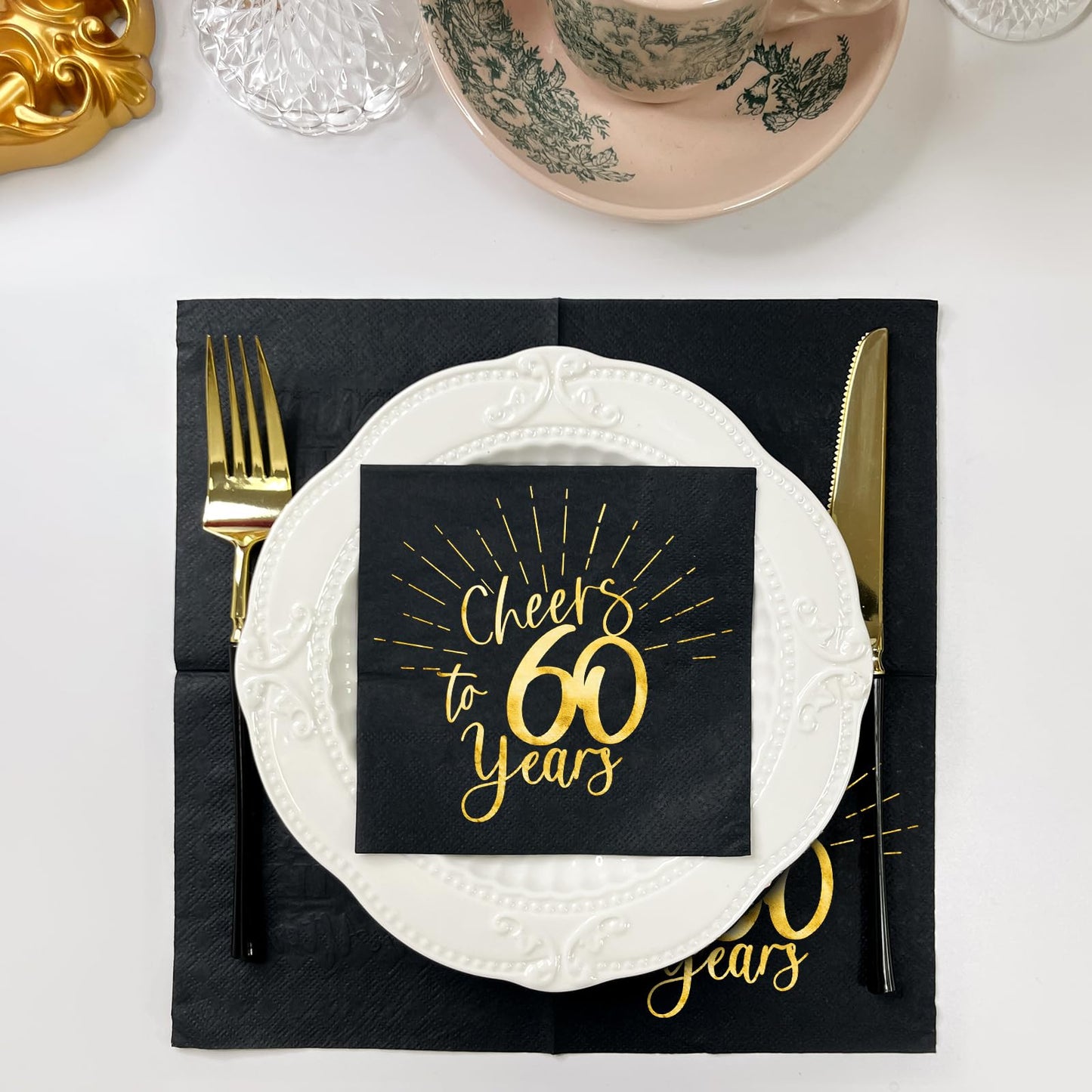 WRAPAHOLIC 50Pcs 60th Birthday Napkins - 3-Ply Disposable Paper Cocktail Napkin, Black and Gold Foil Cheers to 60 Years - 5 x 5 In