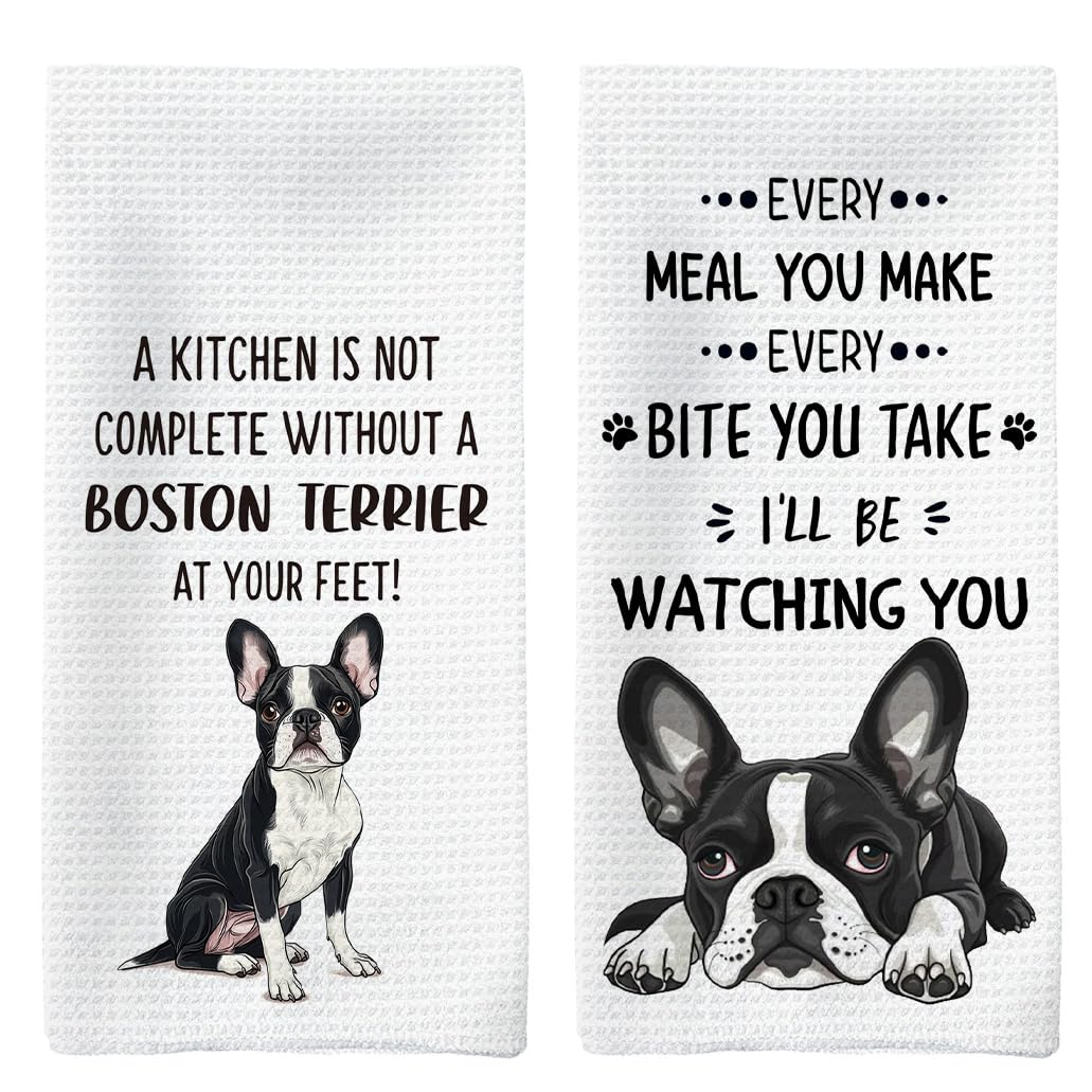 Tzhim Boston Terrier Gifts Kitchen Towels Set of 2, Boston Terrier Gifts for Women, Boston Terrier Decor Hand Towels, Boston Terrier Dog Tea Dish Towels for Kitchen, Dog Kitchen Decor, 16x24inch