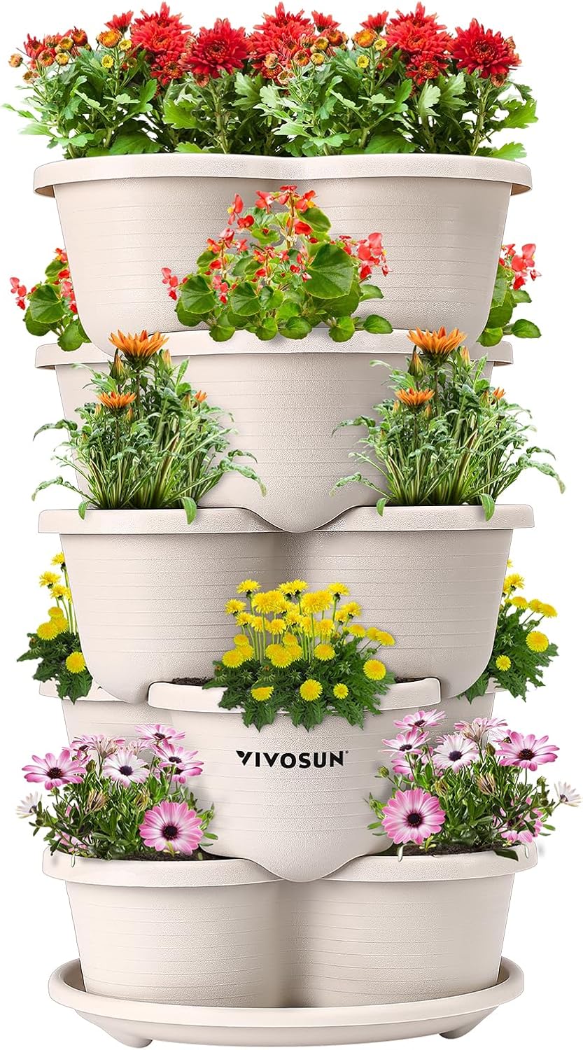 VIVOSUN 5-Tier Vertical Gardening Planter - Stackable Design for Strawberries, Herbs & Vegetables | Ivory