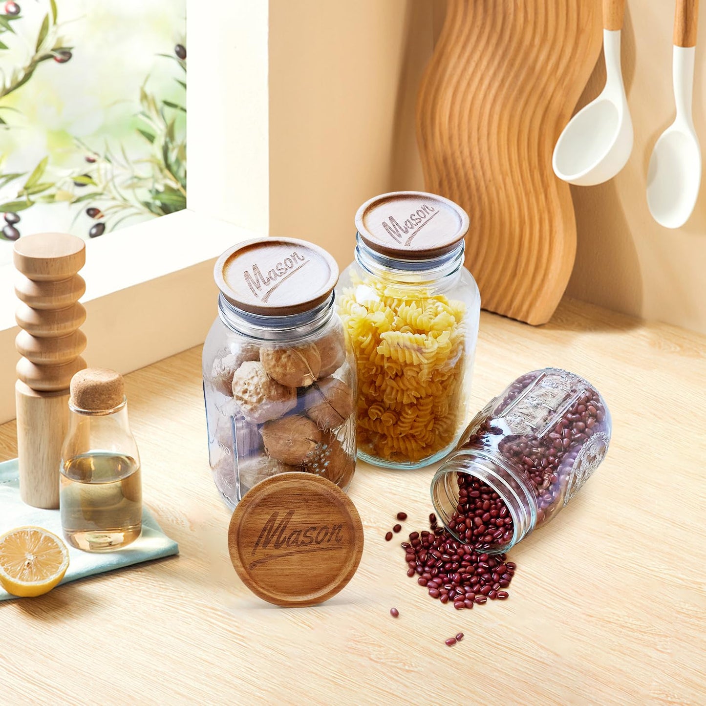 6 Pcs Acacia Wood Mason Jar Lids Regular Mouth Canning Jars Supplies Decorative Small Mouth Mason Jar with Wooden Lid Silicone Reusable Can Lids for Jars Tops Glass Cover Canning Accessories