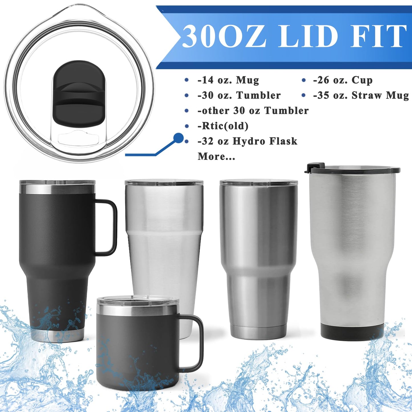 30 oz Tumbler Lid for YETI Rambler Magnetic Slider Lid Splash Resistant Replacement Lid for 30 oz Tumbler, 14 oz Mug and 35 oz Straw Mug, Ozark Trail Old Style RTIC Ember 14 oz, BPA Free (2 Pack)
