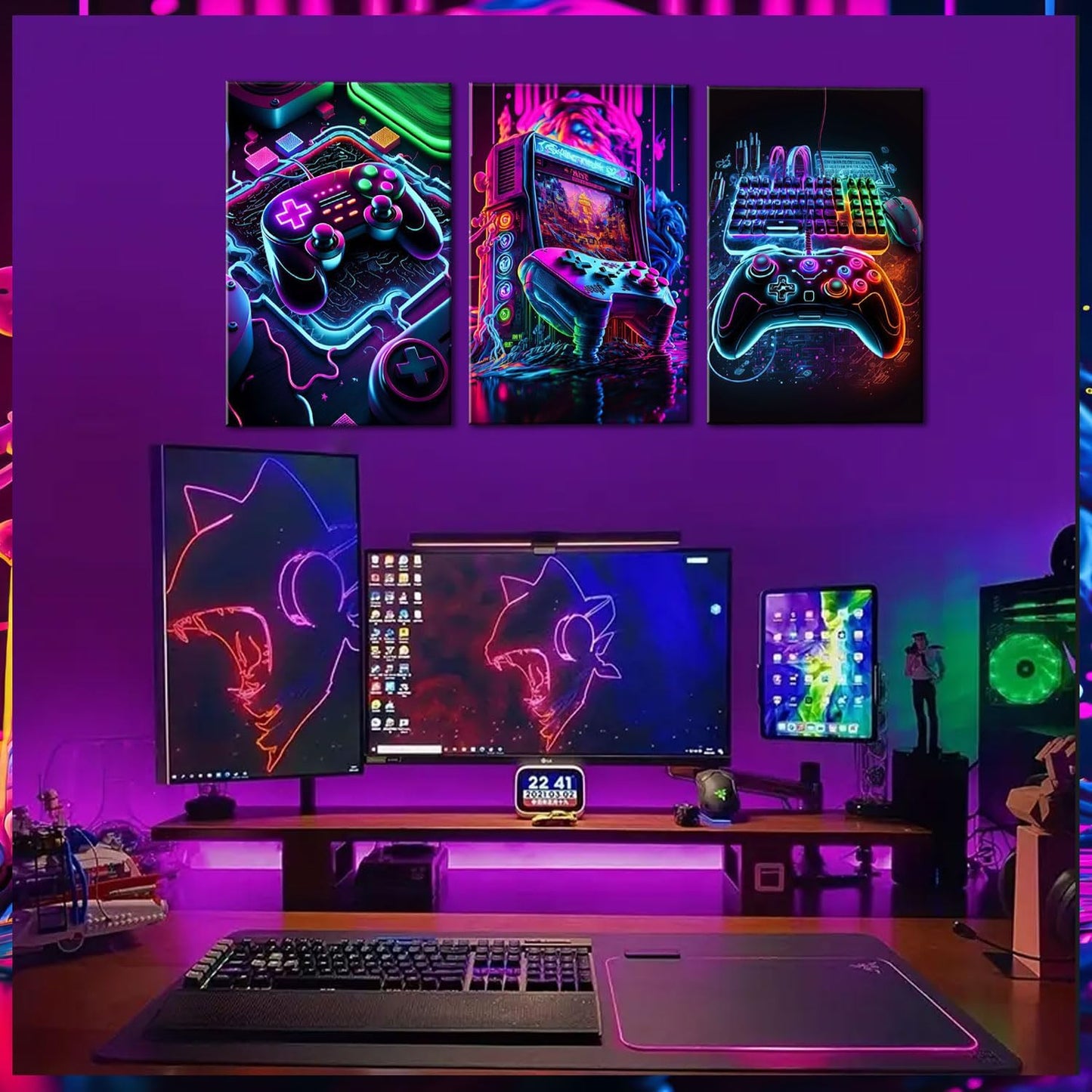 BGFCE Neon Gaming Accessories Canvas Wall Art Set of 3 | Framed Posters for Game Room Decor 16x24in