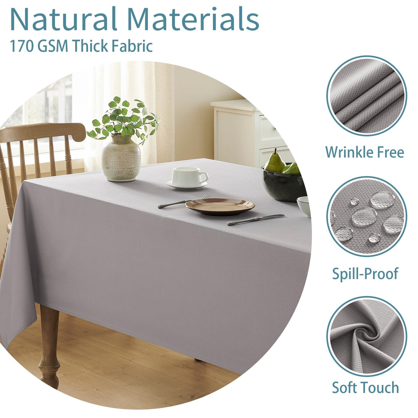 Veblandy Textured Tablecloth Rectangle Waterproof Table Cloth, Washable Table Cover Wrinkle Free Fabric Tabletop Decoration for Kitchen, Dining, Wedding, Parties, 52 x 70 Inch, Light Grey