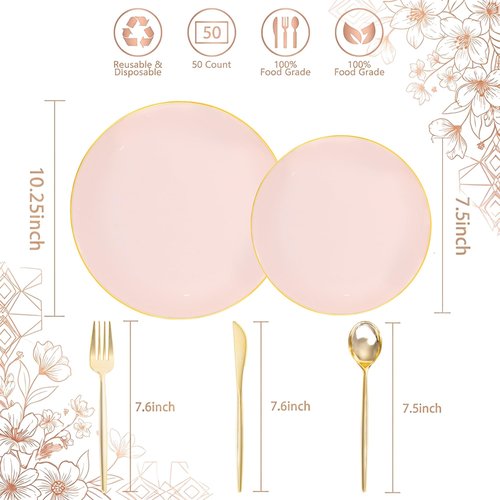 I00000 150 PCS Pink Plastic Plates for Party,Heavy Duty Pink Disposable Plates,Gold Dinnerware Set Include 30 Dinner Plates,30 Dessert Plates,30 Gold Plastic Silverware Set for Mother's Day