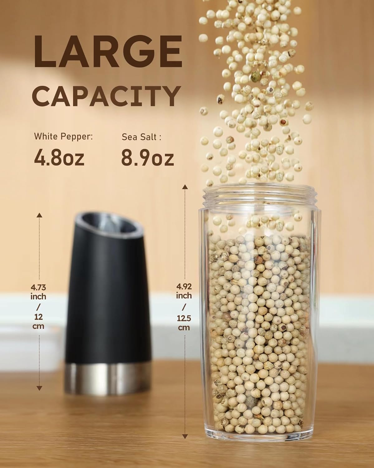 Sangcon Electric Salt and Pepper Grinder Set - Upgraded 9oz XL Capacity | Battery Powered, One-Hand Operation, Adjustable Coarseness