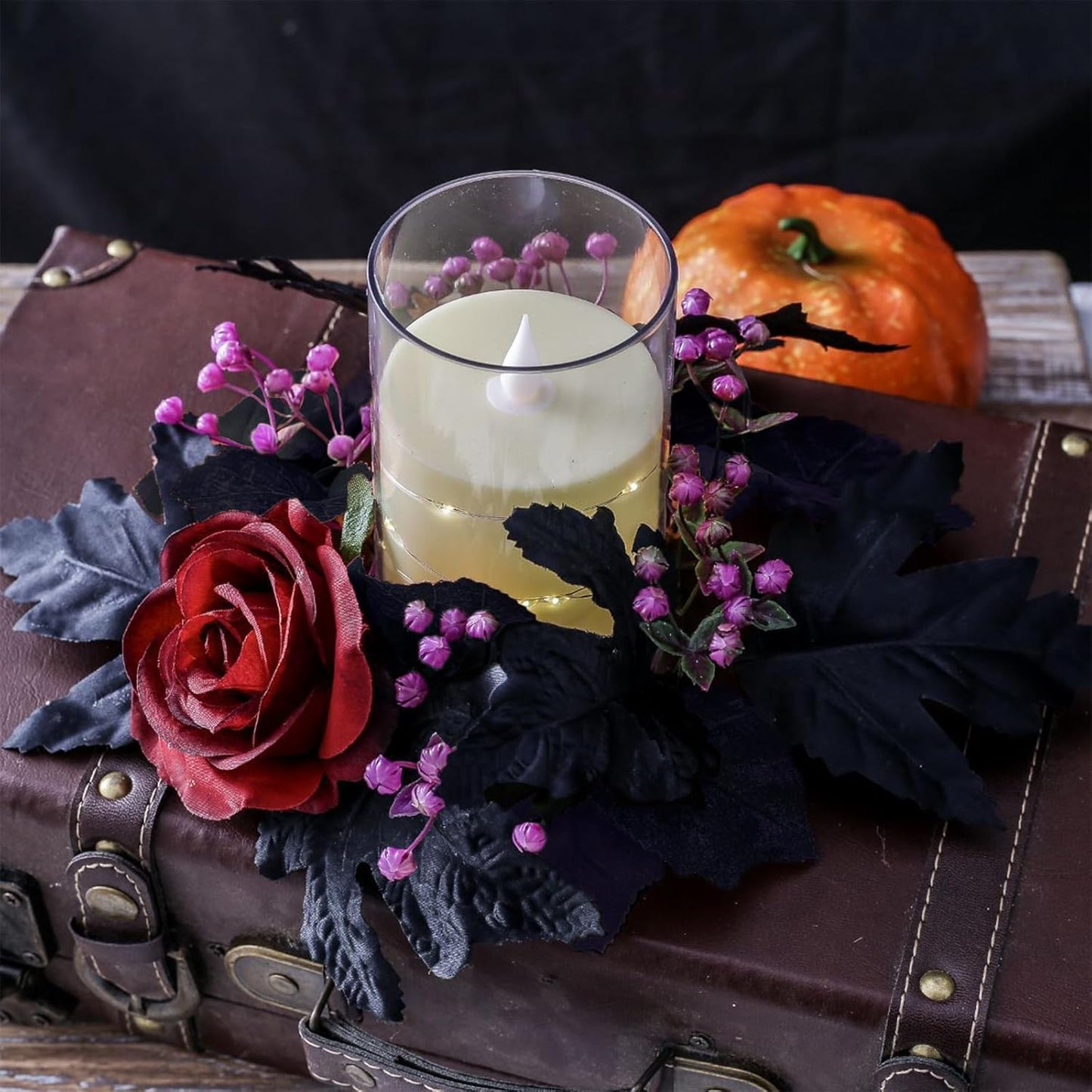 Regine Switzerland Halloween Candle Rings - Artificial Maple Leaf & Rose Flower Wreath for Festive Home Decor
