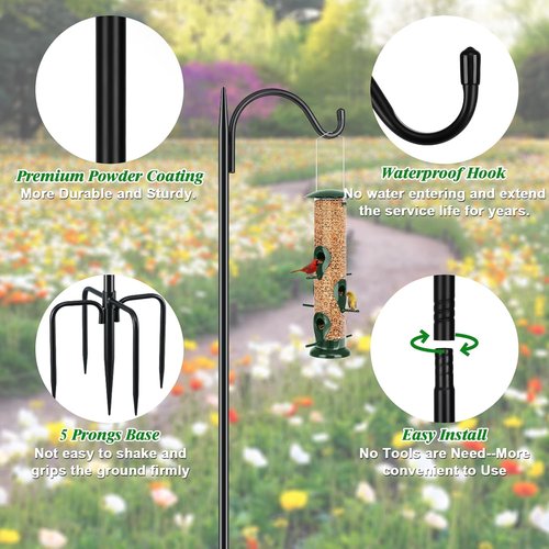 Feed Garden Adjustable Outdoor Shepherd Hook - Heavy-Duty Bird Feeder Pole, 60 Inch Tall, Black