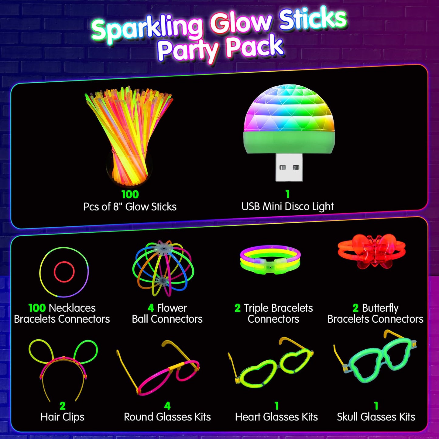 MOSSDNAR 229pcs Glow Sticks Bulk Party Pack with USB Mini DiscoLight,Glow Stick Necklaces for Kids Adult,Glow in the Dark Party Supplies,Neon Glow Bracelets for Birthday Wedding Decoration Camping