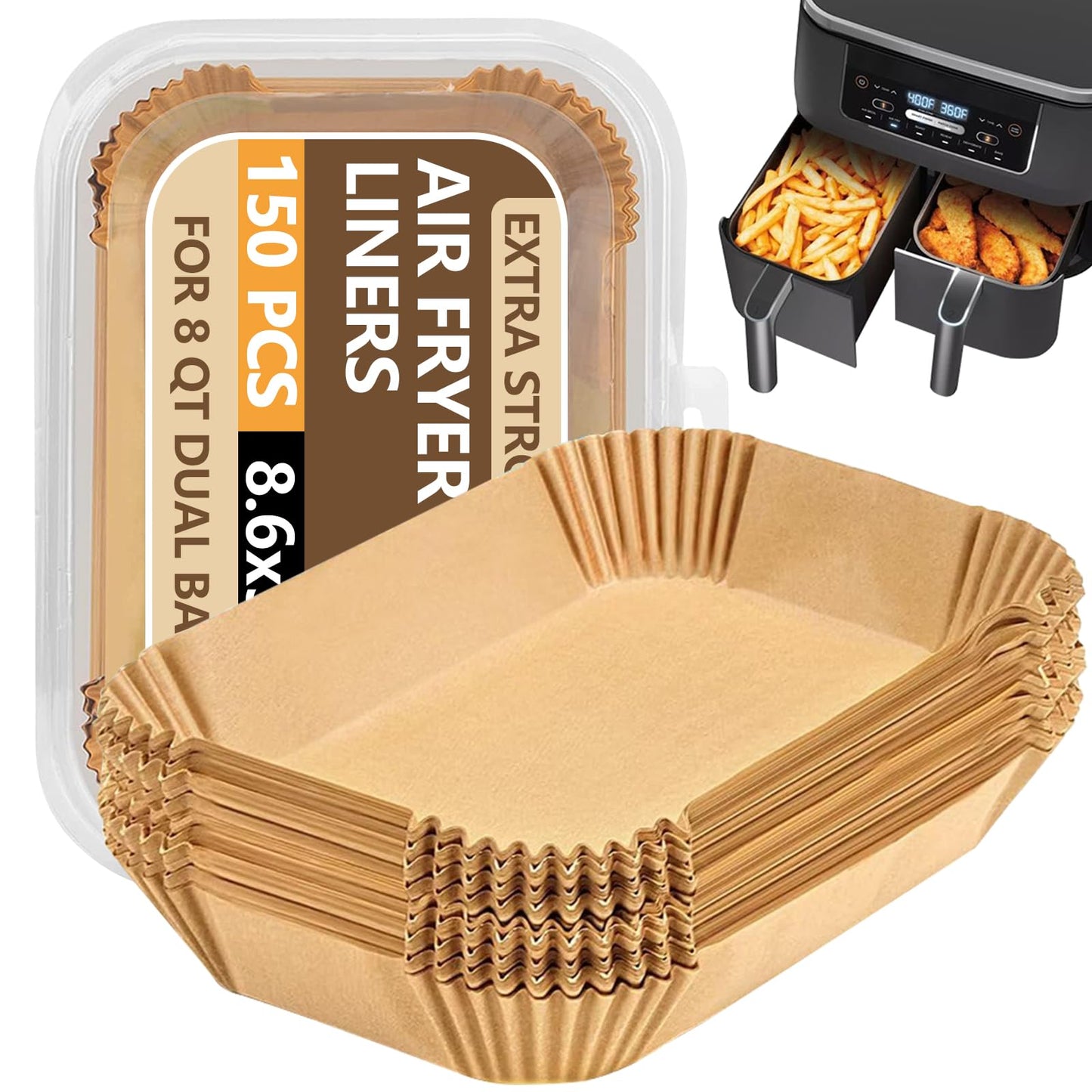 UBeesize Air Fryer Paper Liners Disposable For Ninja, 150 PCS Non Stick Parchment Paper For Ninja DZ201/DZ401 Dual, Oil Proof, Water Proof Food Grade Air Fryer Accessoriess(Rectangle - 8.5"X5.5")