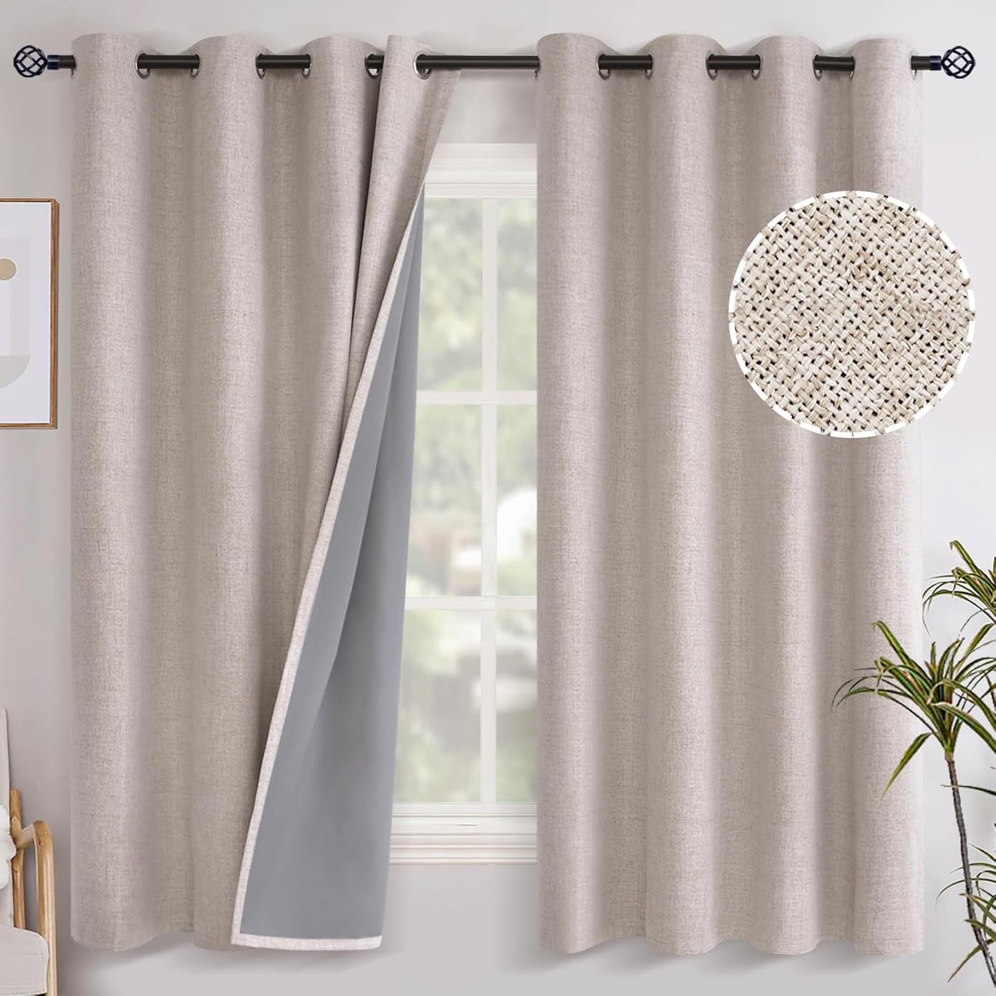 YoungsTex Linen Blackout Curtains - 63 Inch Room Darkening Drapes | Thermal Insulated Beige, 2 Panels