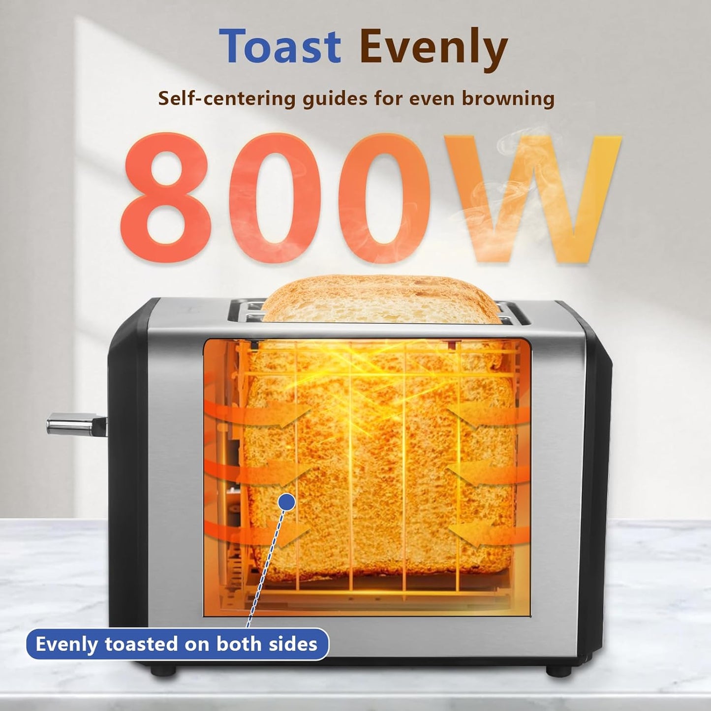 SAKAMOSH 2-Slice Toaster - Smart Digital Display with 6 Browning Levels & 1.3" Wide Slots - Stainless Steel, 800W