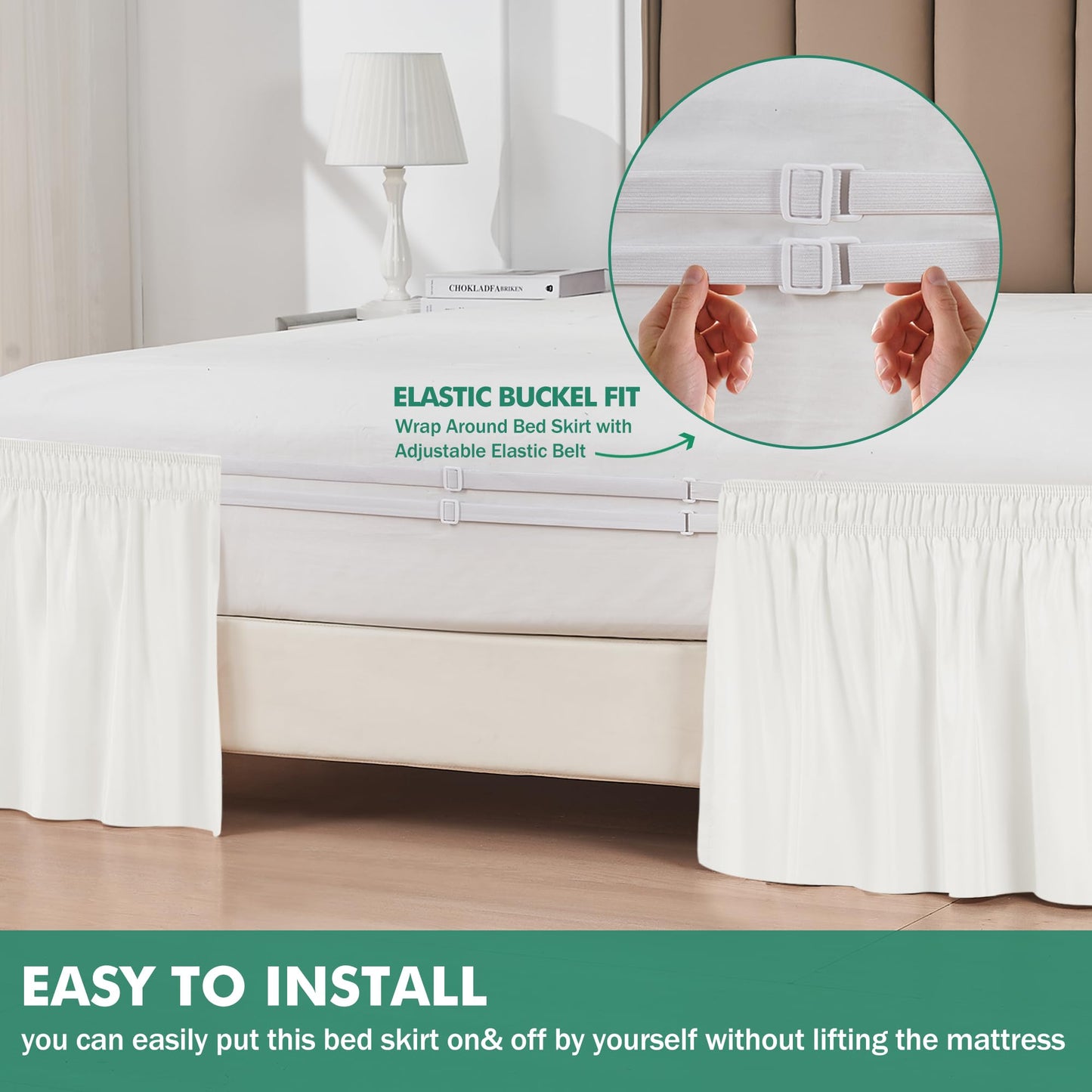 Biscaynebay Wrap Around Bed Skirts with Split Corners for Twin/Twin XL Beds 15" Drop, Ivory Adjustable Elastic Dust Ruffles Easy Fit Wrinkle Resistant Silky Luxurious Fabric Machine Washable