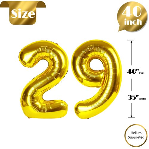 Gold Number 29 Balloon 40 inch, 29 Number Balloons, 29th Gold Birthday Decorations, 29 Year Old Women Men Golden Party Supplies