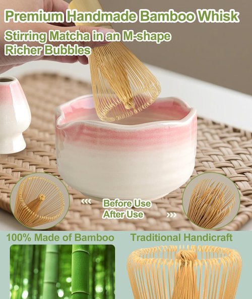 JBER Matcha Whisk Set - Complete 7PCS Ceramic Matcha Kit with Bamboo Whisk, Bowl & Accessories | Gradient Pink