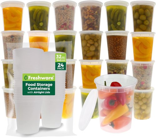 Freshware Food Storage Containers - 32 oz Plastic Deli Containers with Lids | BPA Free, Stackable & Leakproof