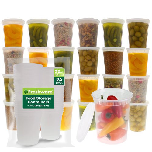 Freshware Food Storage Containers [24 Set] 32 oz Plastic Deli Containers with Lids, Slime, Soup, Meal Prep Containers, BPA Free, Stackable, Leakproof, Dishwasher and Freezer Safe, Translucent