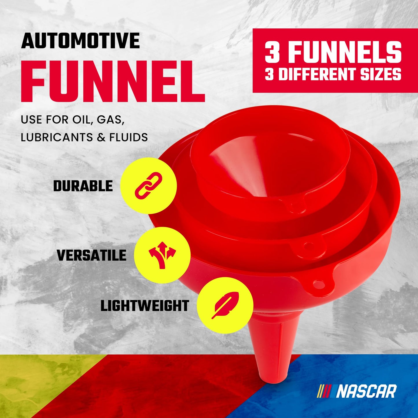 NASCAR Automotive Funnel Set – Oil, Gas & Fluid Funnels for Cars & Trucks | Durable, Lightweight, & Versatile | Includes 3 Sizes: Small, Medium, Large | Multi-Purpose Use for Oil Changes, Fuel, & More