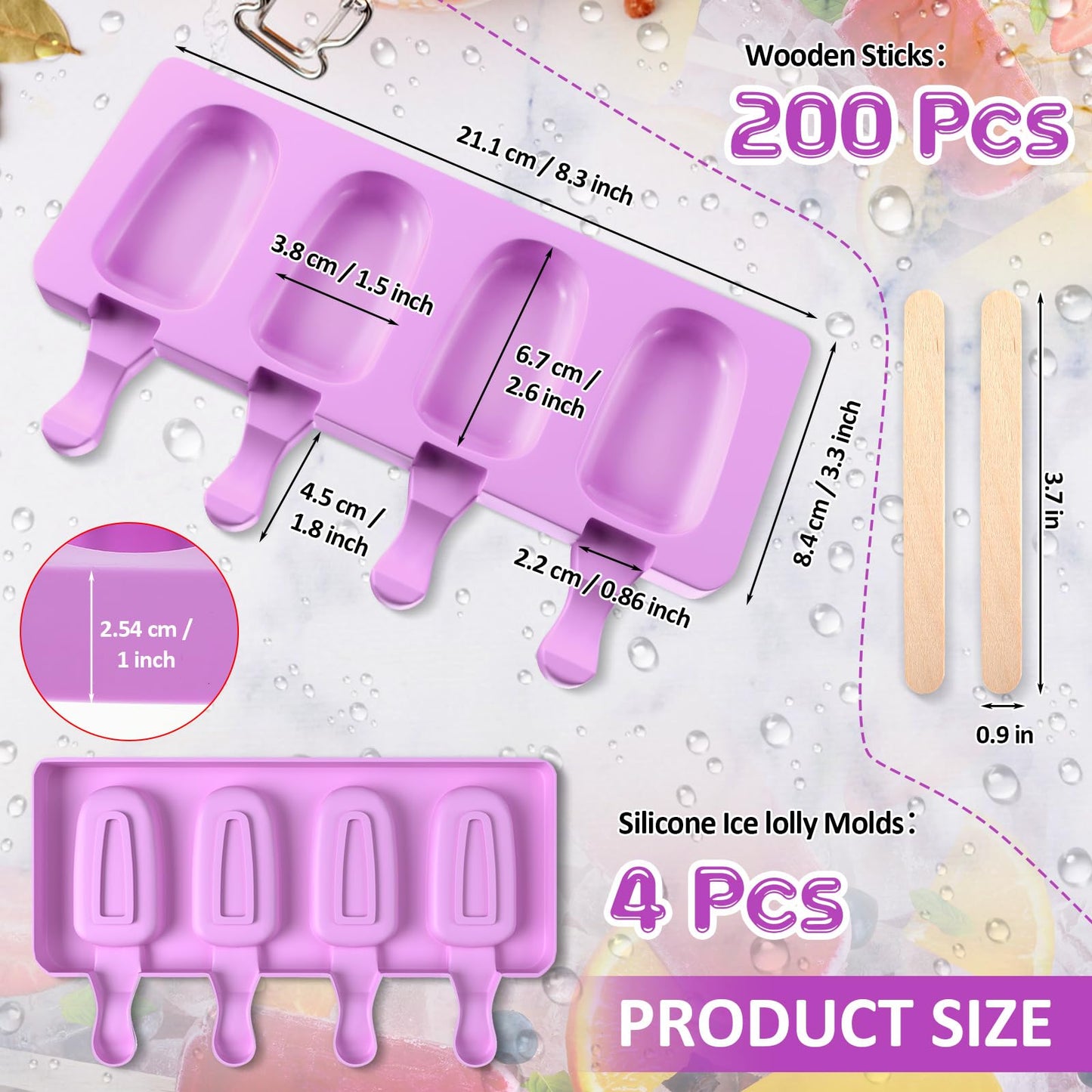 Outus 4 Pieces Ice Cream Mould Silicone Ice Lolly Mold 4-cavity Cake Pop Moulds Baking Molds with 200 Pieces Sticks for Treats (Purple)