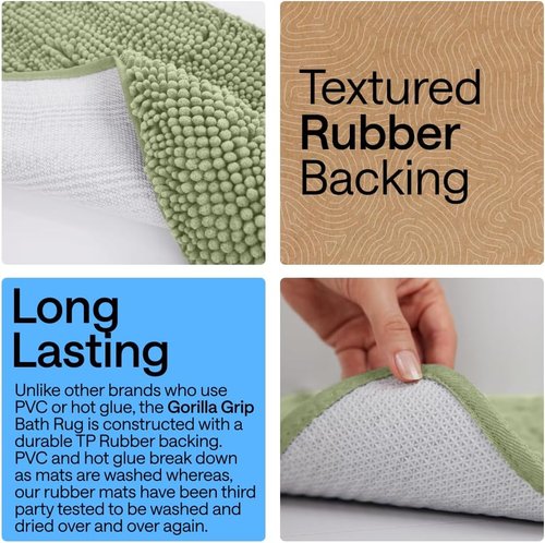 GORILLA GRIP Bath Rug Mat - Soft Absorbent Chenille | Quick-Dry Microfiber, 60x17, Sage Green