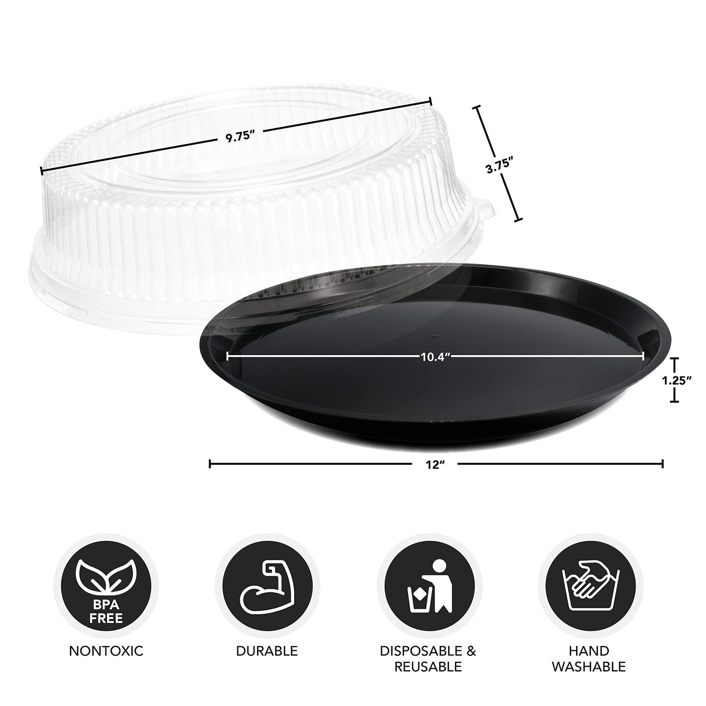 Party Essentials N121721 Hard Plastic Tray With Clear Dome Lids, 12", Black