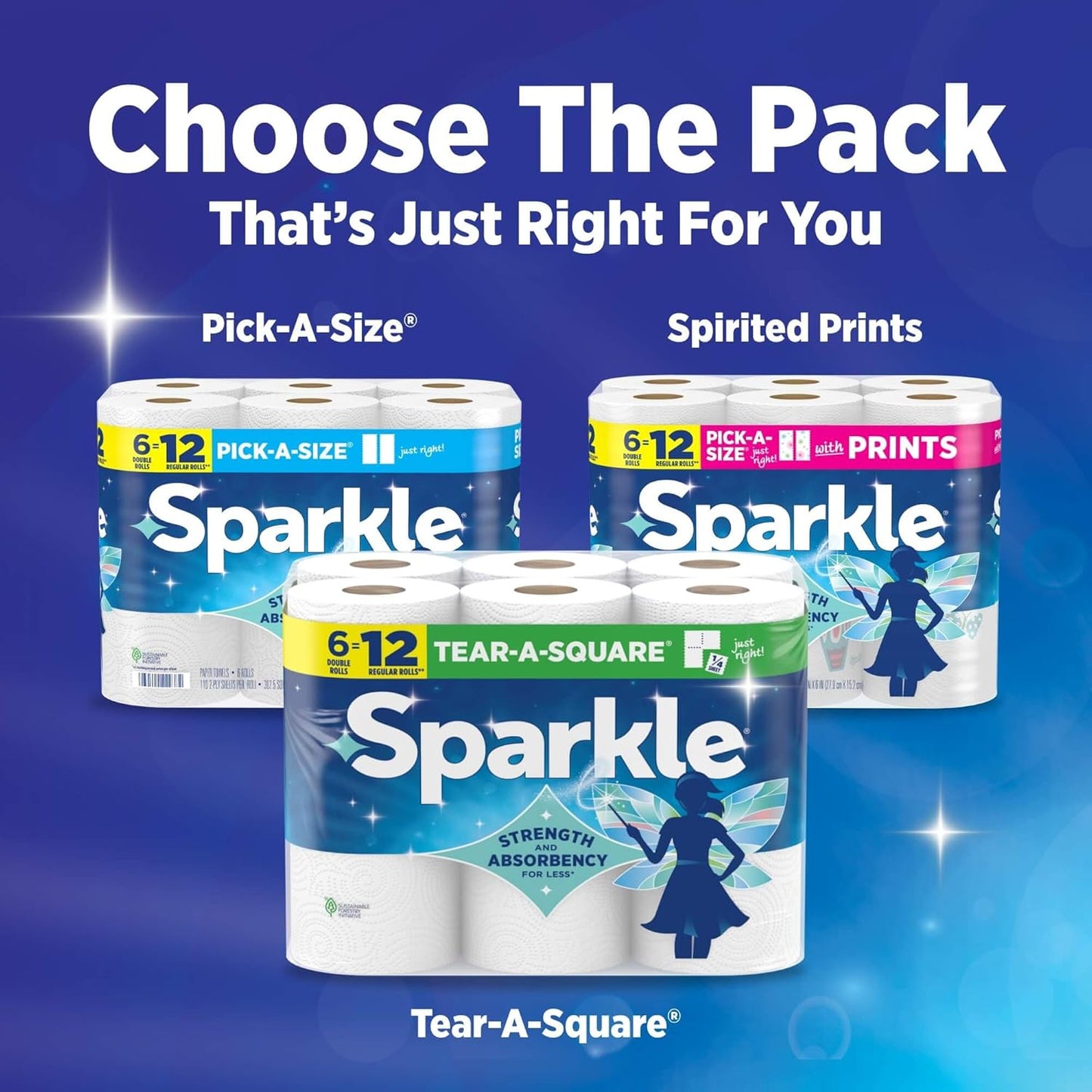Sparkle Paper Towels - Spirited Print Design, 6 Double Rolls (660 Sheets) | Strong 2-Ply for Kitchen Cleanup