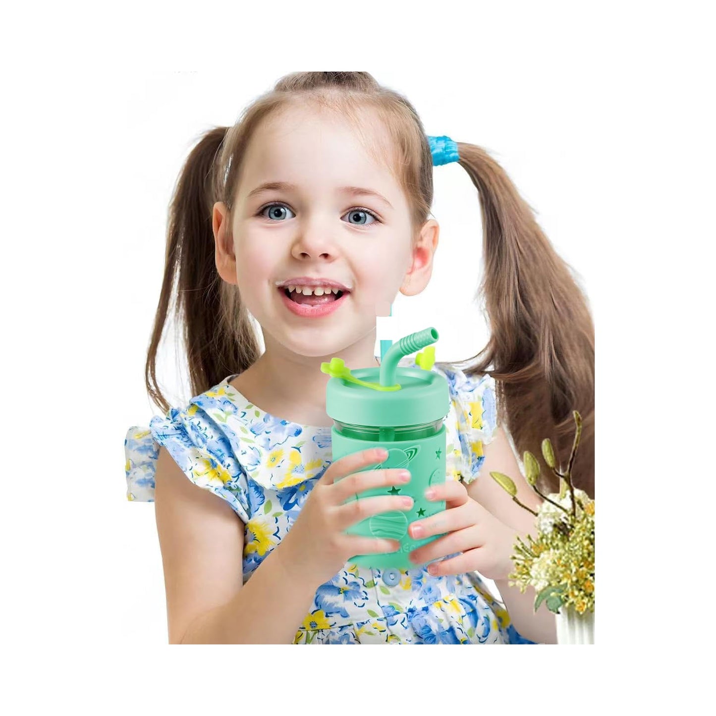 PandaEar Kids & Toddler Glass Cups, 4 Pack Glass Mason Jar Cups 8.45 oz with Silicone Sleeves & Straws, Spill-Proof Smoothie & Snack Cups for Children Ages 3+
