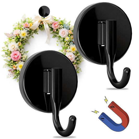 Magnetic Wreath Hangers for Front Door, 2-Pack Heavy Duty Magnetic Wreath Hooks for Metal Doors and Single-Pane Glass, No Drilling, No Adhesive, Indoor Outdoor Seasonal Decor, Reusable Holder, Black