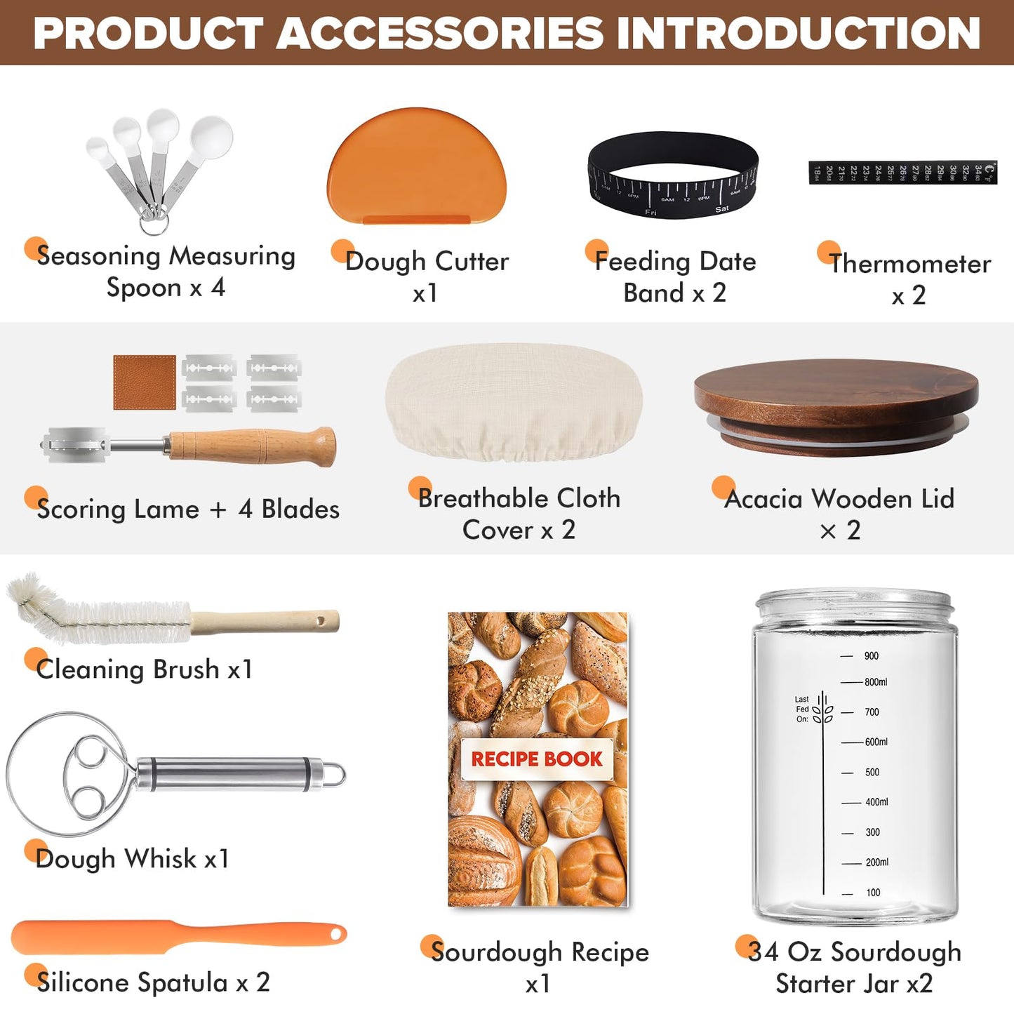 RYTOXILO Sourdough Starter Jar Kit, 34 Oz Glass Sour Dough Jars Wide Mouth for Beginners, 10 Pcs Bread Starter Container Set with Acacia Wooden Lid, Glass Jar with Bread Baking Supplies
