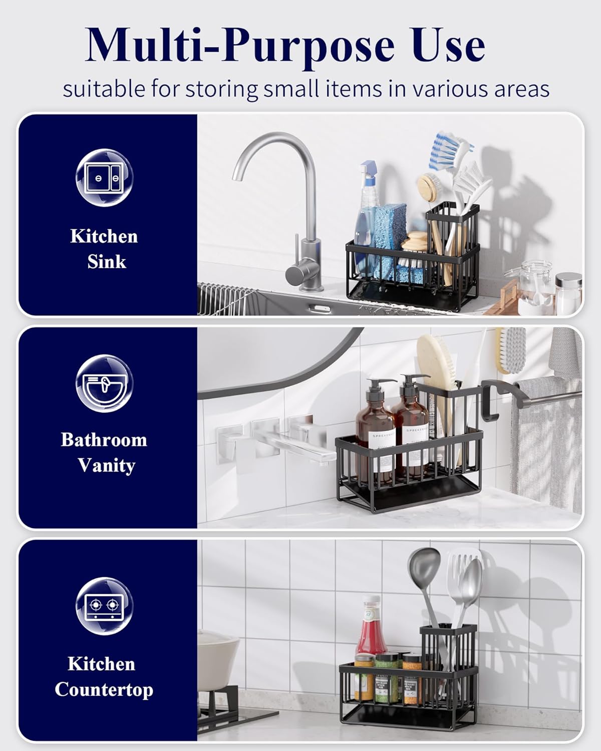 Kitsure Sponge Holder - Rustproof Stainless Steel Sink Caddy for Kitchen Organization | 7.9" x 3.7" x 6.2", Black