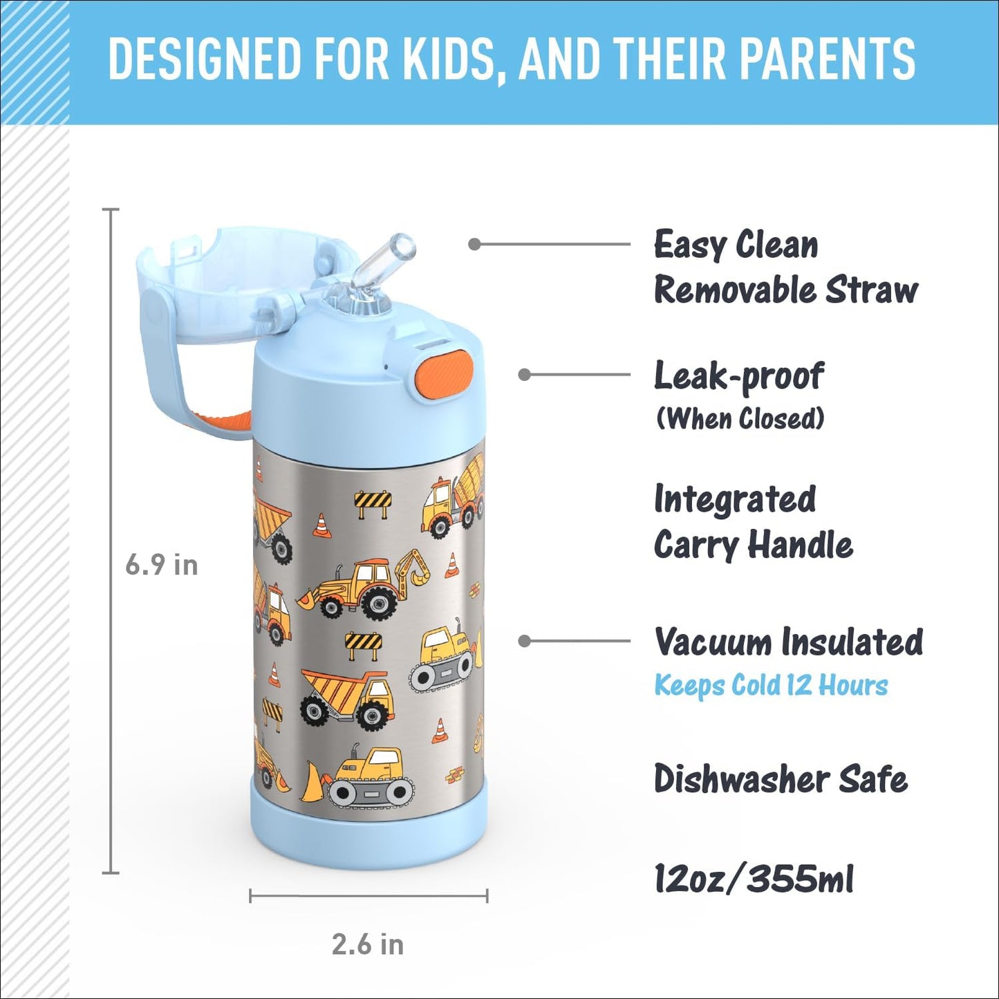 THERMOS FUNTAINER Water Bottle - 12 Ounce Kids Stainless Steel Vacuum Insulated with Straw