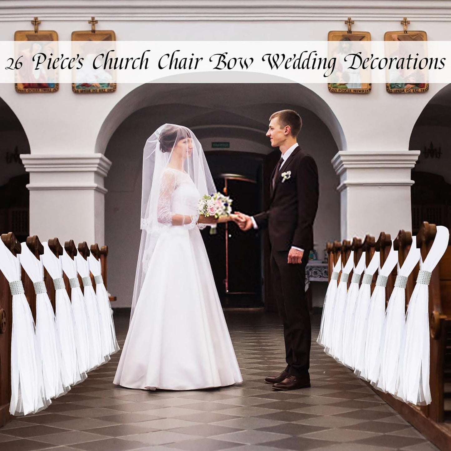 Skiennix 26 Sets Large White Pew Bows - Tulle Wedding Aisle Chair Decorations for Outdoor Ceremonies
