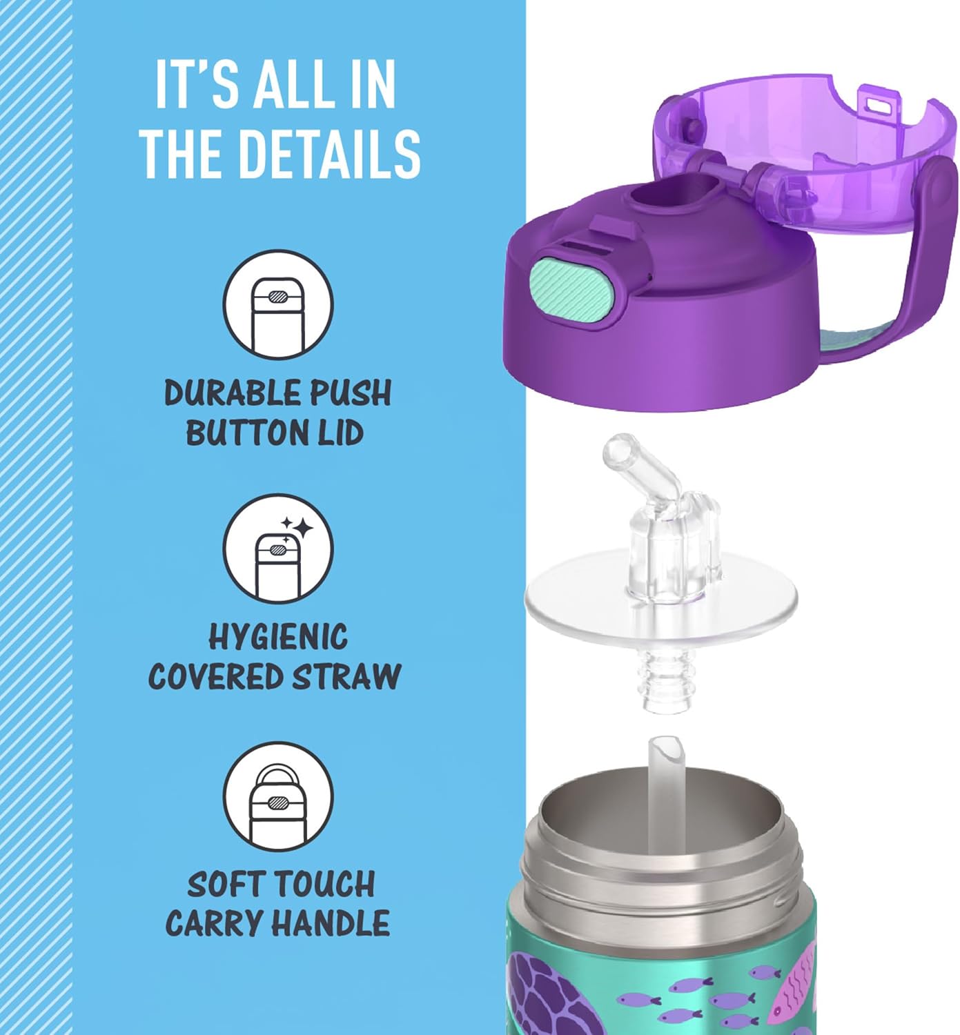 THERMOS FUNTAINER Water Bottle - 12 Ounce Kids Stainless Steel Vacuum Insulated with Straw - Ocean Pals Design