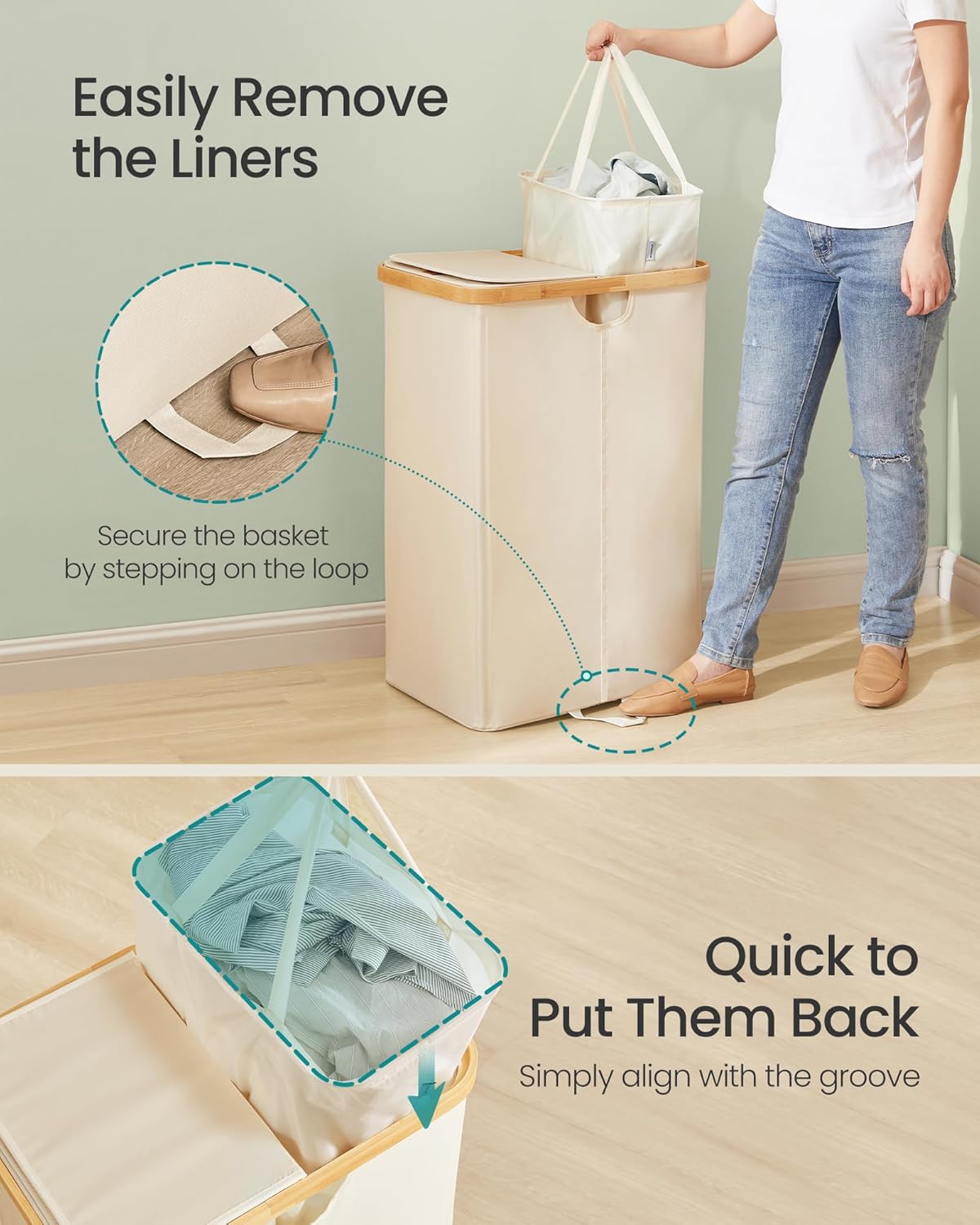 SONGMICS Laundry Hamper - 39 Gal. Dual Compartment Basket with Removable Liner - Cream White & Light Bamboo