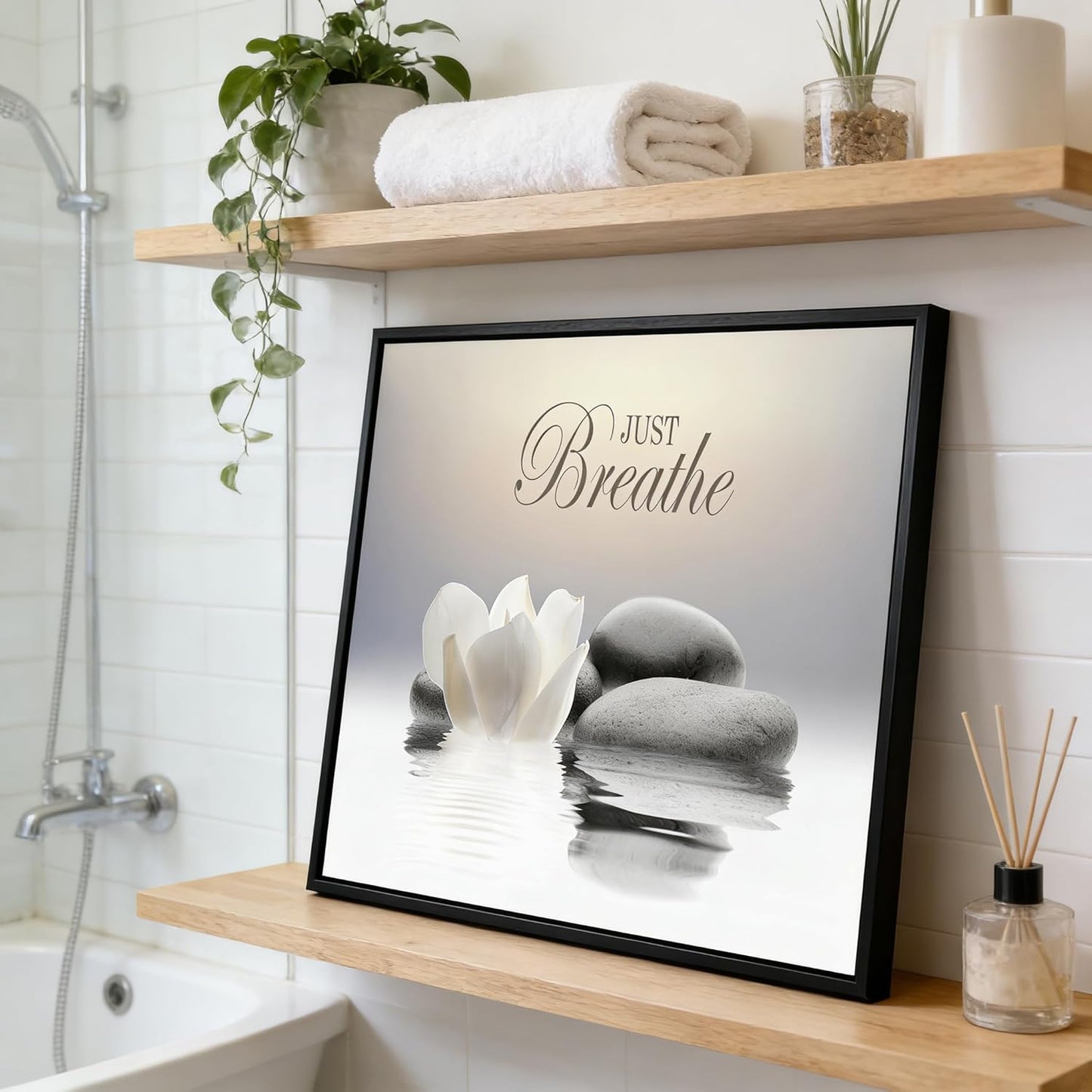 MKCIPJWC Zen Stone Wall Art - Just Breathe Yoga Quotes Canvas Print | White Lotus Flower 12x16 Inch