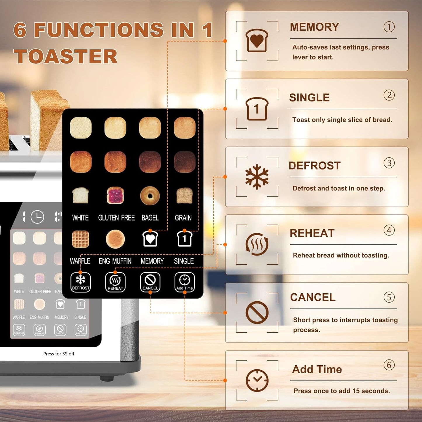 Skiennix 4-Slice Toaster - Touch Screen Control, 8 Shade Settings, Dual Panel, 1650W - Grey Finish