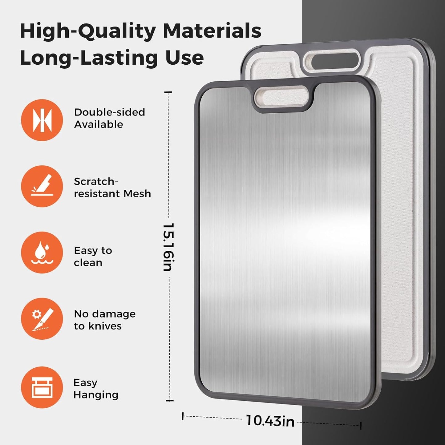 Skiennix Stainless Steel Cutting Board - Double-Sided Food Grade Design | Large 15" x 10" Non-Toxic Chopping Board