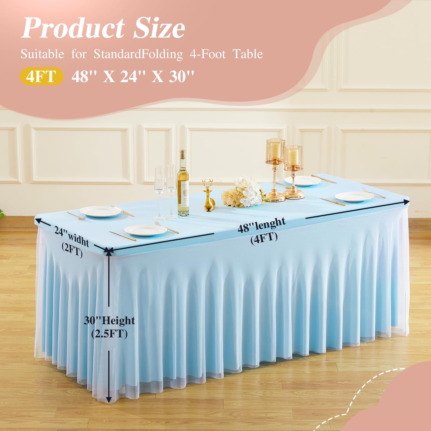 PARTISKY Blue Tablecloths 4 Foot Rectangle Tables, Spandex Fitted Tablecloth Stretch Table Cover with Tulle Skirt for Baby Shower Birthday Party Wedding Banquet Dessert Table Decorations