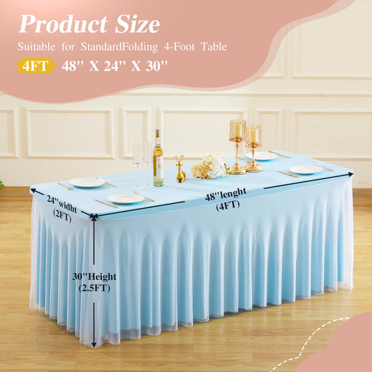 PARTISKY Blue Tablecloths 4 Foot Rectangle Tables, Spandex Fitted Tablecloth Stretch Table Cover with Tulle Skirt for Baby Shower Birthday Party Wedding Banquet Dessert Table Decorations