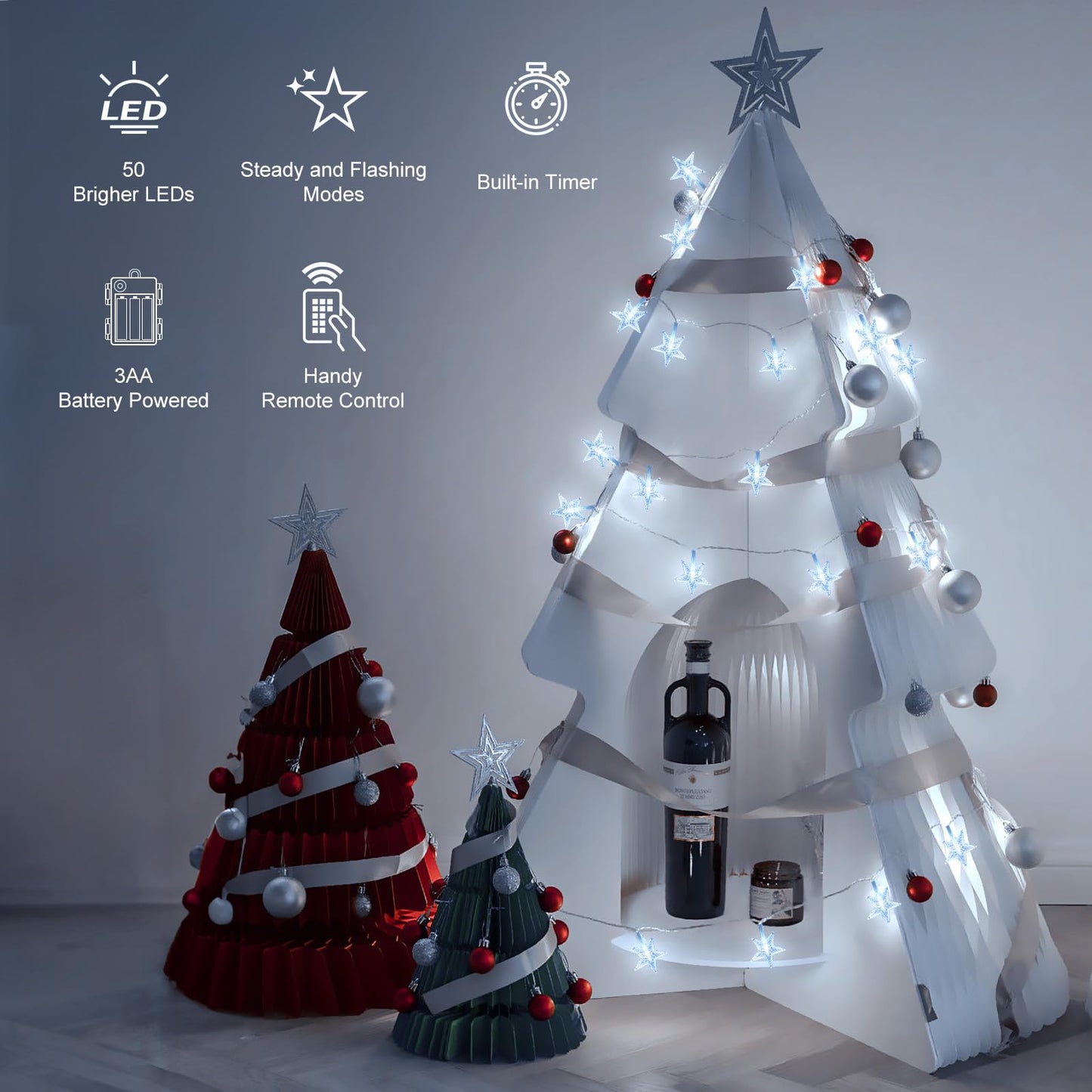 Brightown Star String Lights Battery Operated - 17 ft 50 LED Star Fairy String Lights with Remote and Timer, 8 Modes Waterproof for Bedroom Tent Loft Bed Patio Party Wedding Decor, White
