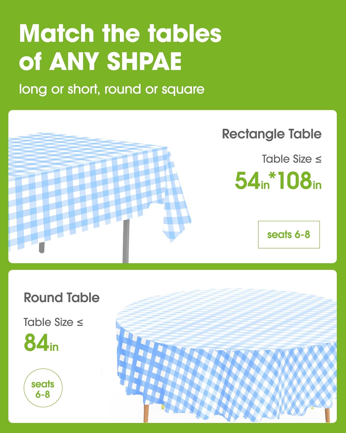 Pureegg Disposable Table Cloths - 10 Pack, 54 x 108 Inch, Leakproof Blue & White Gingham Design