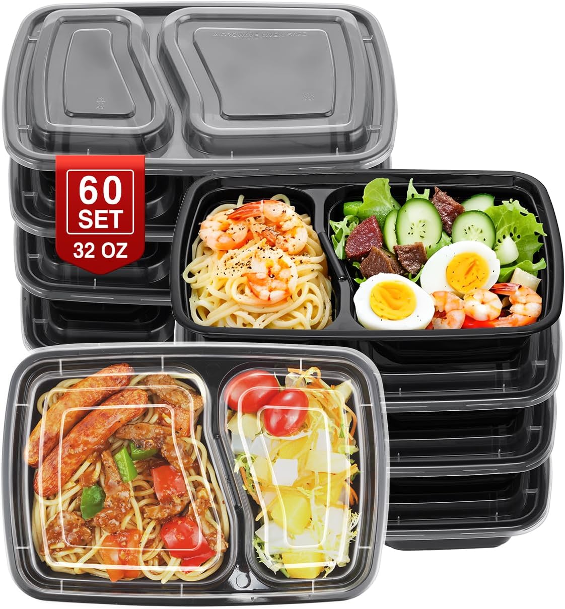 NEEBAKE 32oz Meal Prep Containers - 60 Sets of 2-Compartment Plastic Food Storage with Lids