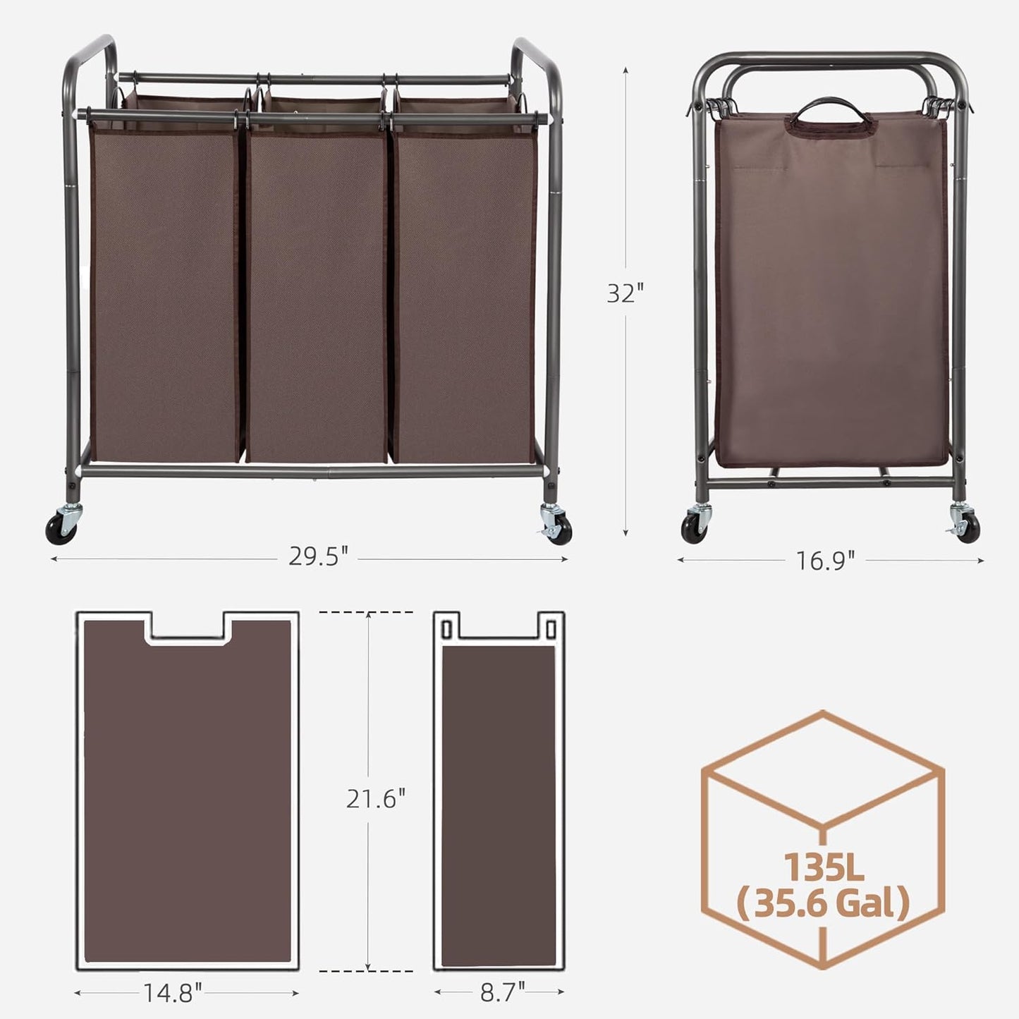 Storage Maniac Laundry Sorter - 3 Section Hamper Cart with Lockable Wheels & Removable Bags | 35.9 Gal, Brown