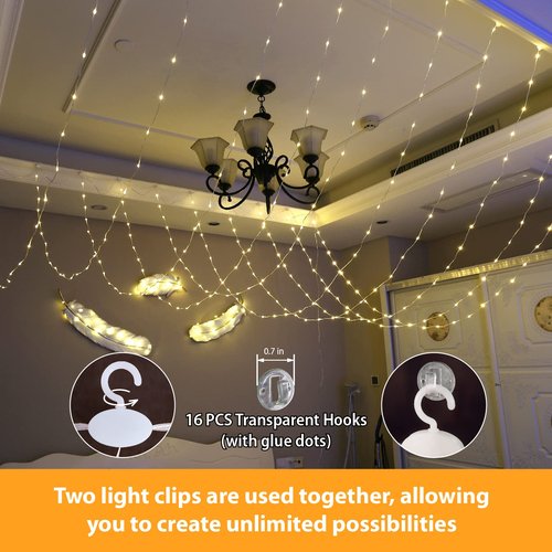 HXWEIYE 300LED Fairy Curtain Lights, 9.8x9.8Ft USB Plug-in 8 Modes Christmas String Hanging Lights with Remote for Bedroom Backdrop Wedding Indoor Wall Decor, Warm White, Tangle-Free – 1 Pack