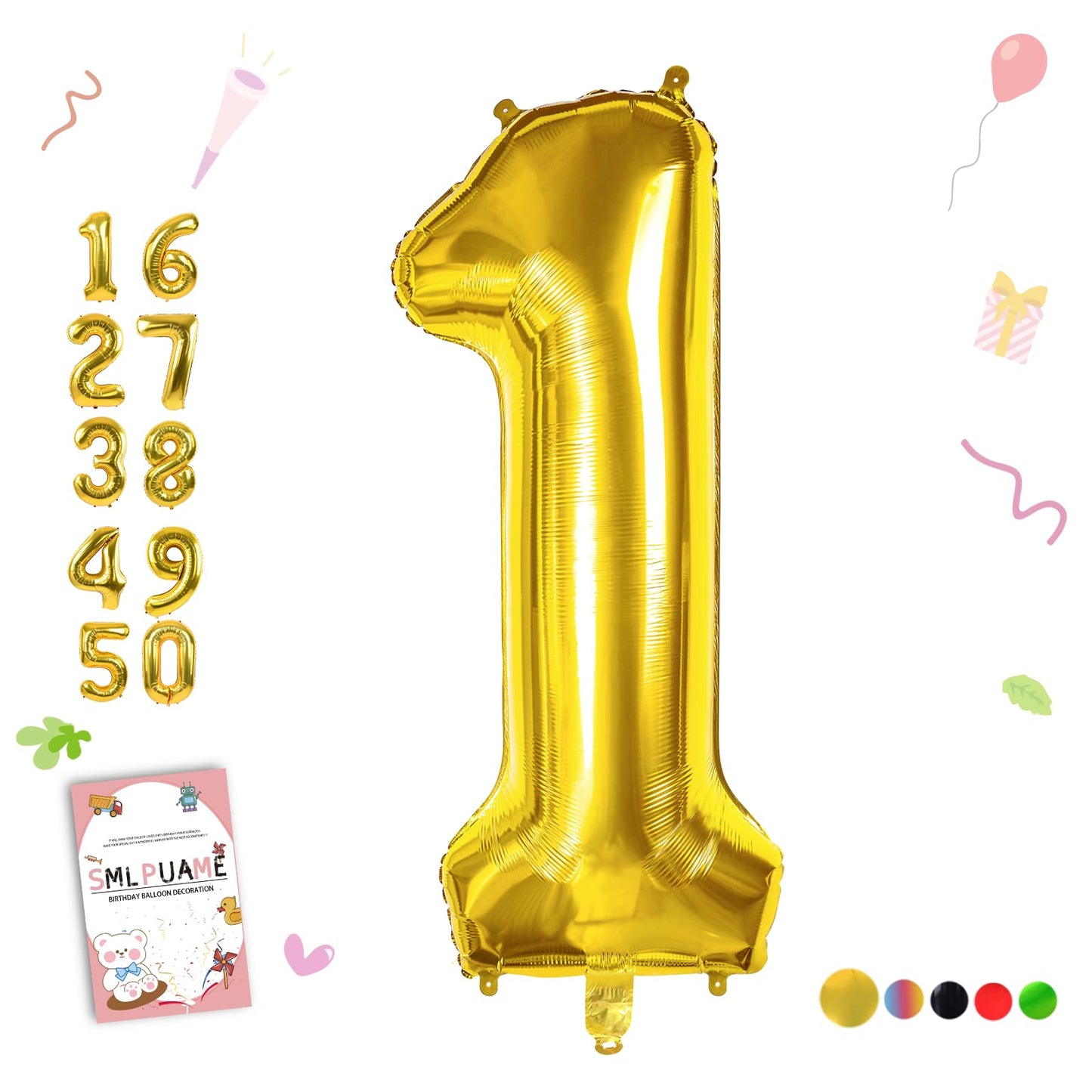 Smlpuame 40 inch Number Balloon 0-9 Gold Large Number 1 Balloons,Digital Balloons for Birthday Party Celebration Decorations Supplies, Helium Foil Number Balloons for Wedding Anniversary