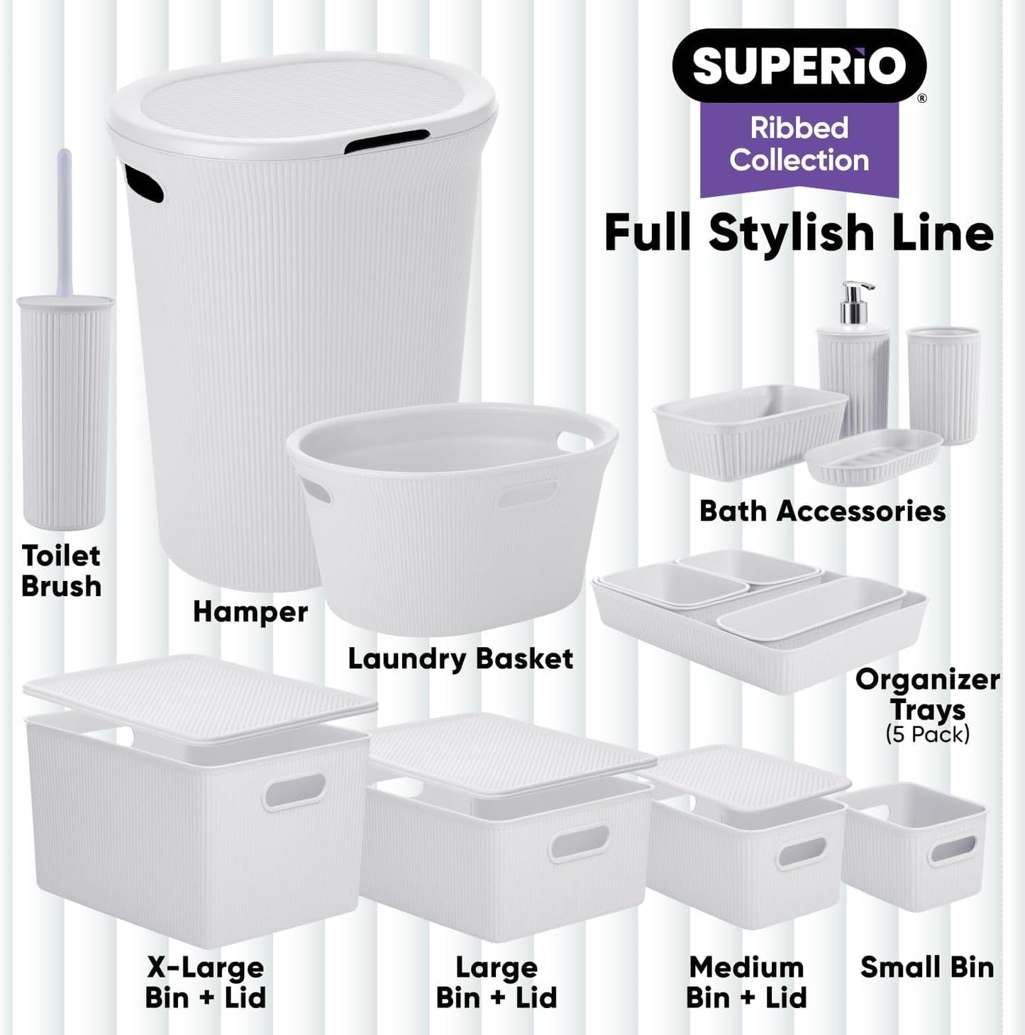 Ribbed Collection Decorative Plastic Storage Bins - Small White Smoke Organizer (4 Pack) | 1.5 Liter
