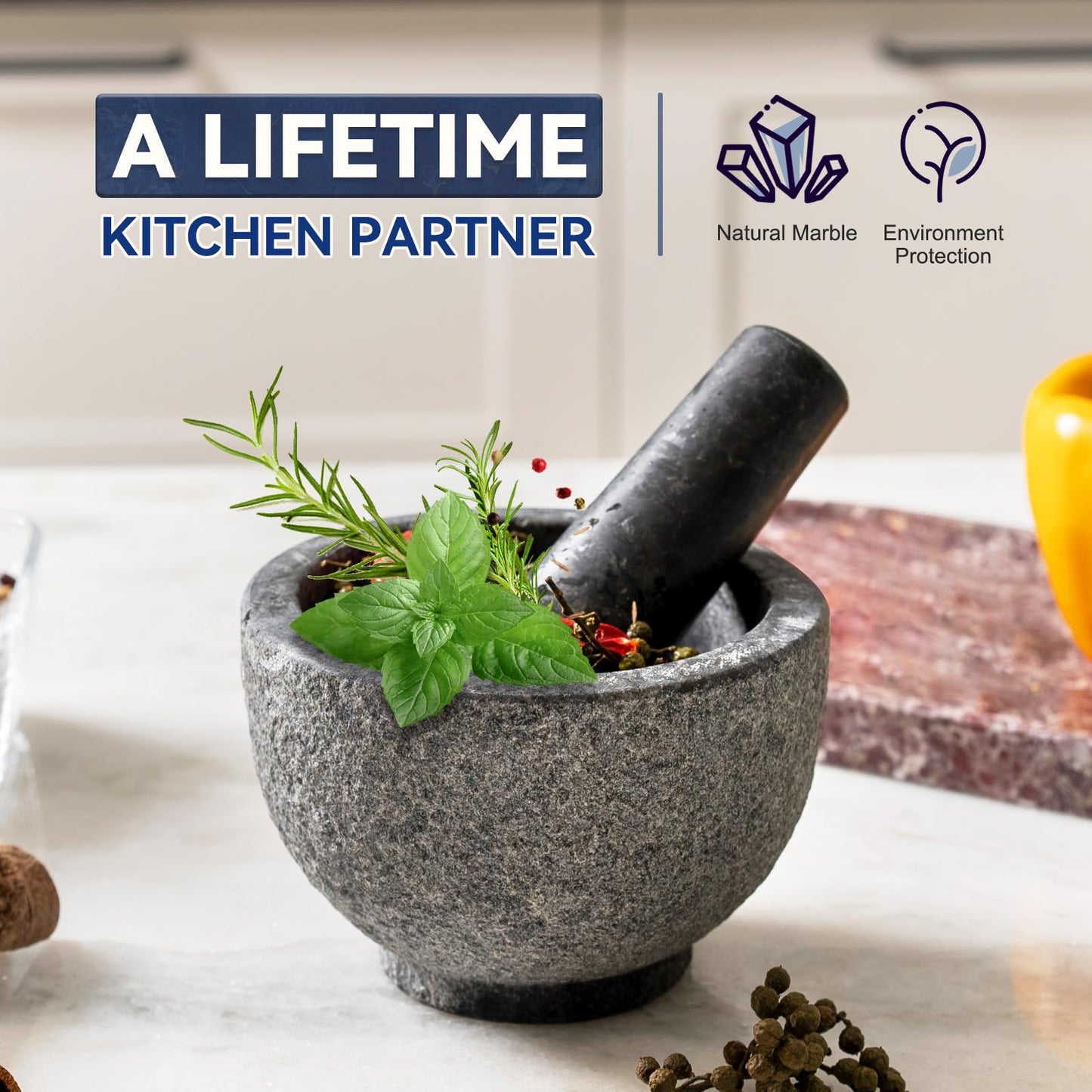 Koville African Natural Granite Mortar and Pestle Set, Grinder Bowl for Guacamole, Salsa, Pill Crusher, Spice, Herb, Garlic, Nut, Heavy Duty Grinder for Kitchen (Sandblasted Finish)
