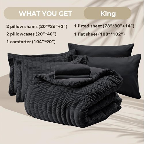 HYMOKEGE King Size Comforter Set - Luxurious 7-Piece Seersucker Bedding in Black for All Seasons